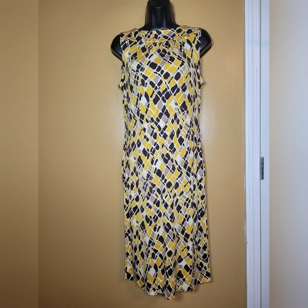 Tory Burch 100% Silk Abstract Geometric Yellow and Brown Print Dress sz S